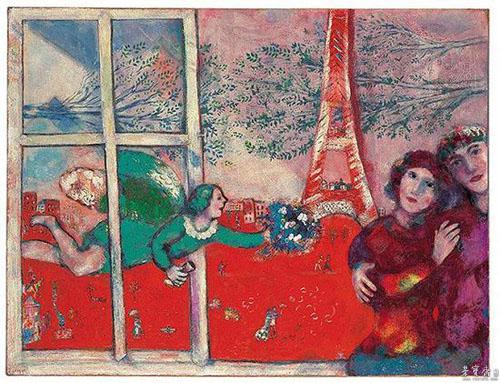 马克·夏加尔(marc chagall),《新娘,新郎的艾菲尔铁塔》(les mariés