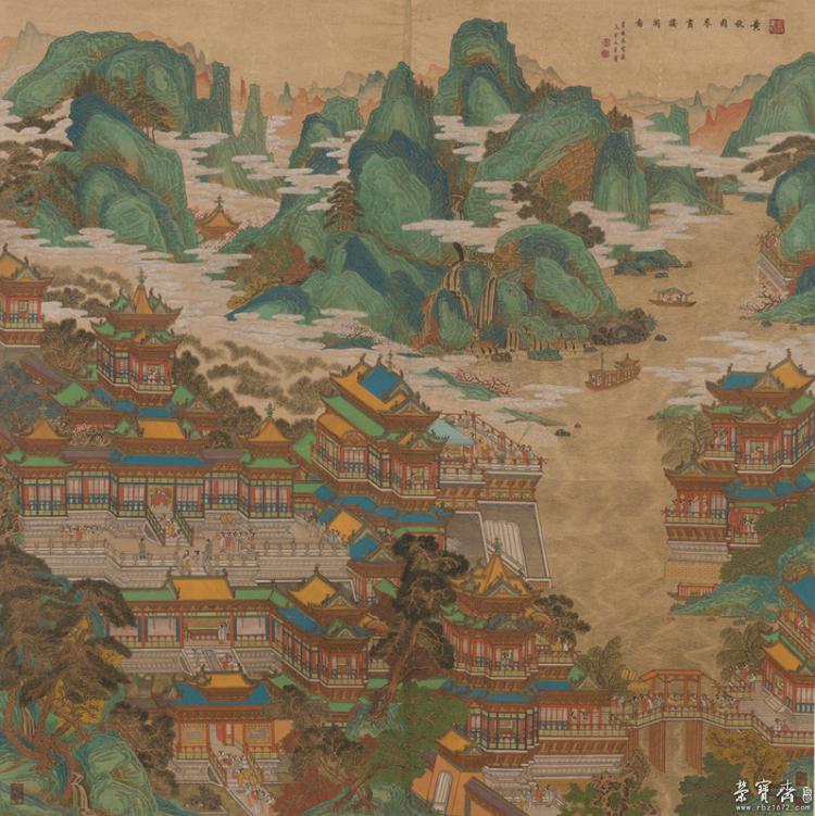 江中舟船飘荡,嫔妃悠闲自在,尽赏美景,一笔一画皆细密工整,令人惊叹!