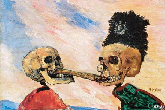 恩索尔《skeletons fighting over a pickled herring》1891年