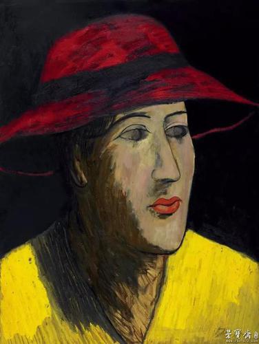 lot116 邱亚才 戴红帽的黄衣女子 1997年 布面油画 130×97cm