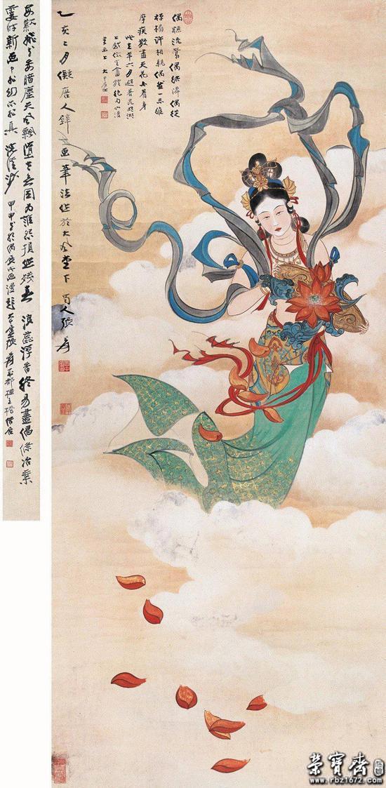 张大千《天女散花图》纸本设色