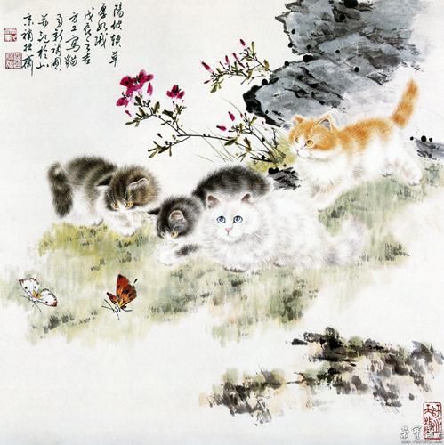 猫蝶富贵丨雨新,方工合作国画欣赏